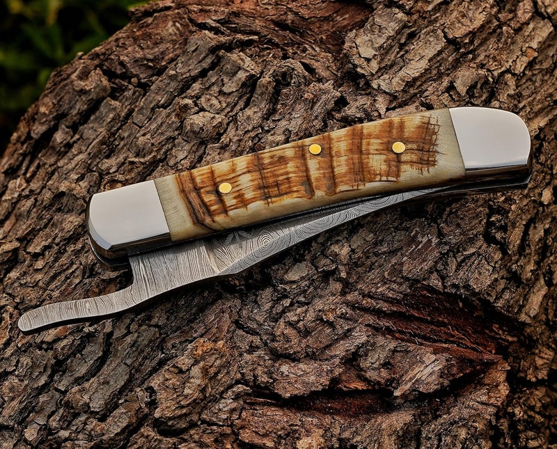 BE BREAK EDGE Handcrafted Damascus Steel Rus Lock Pocket Knife with Genuine Ram Horn Handle, Traditional Folding Blade - Image 4